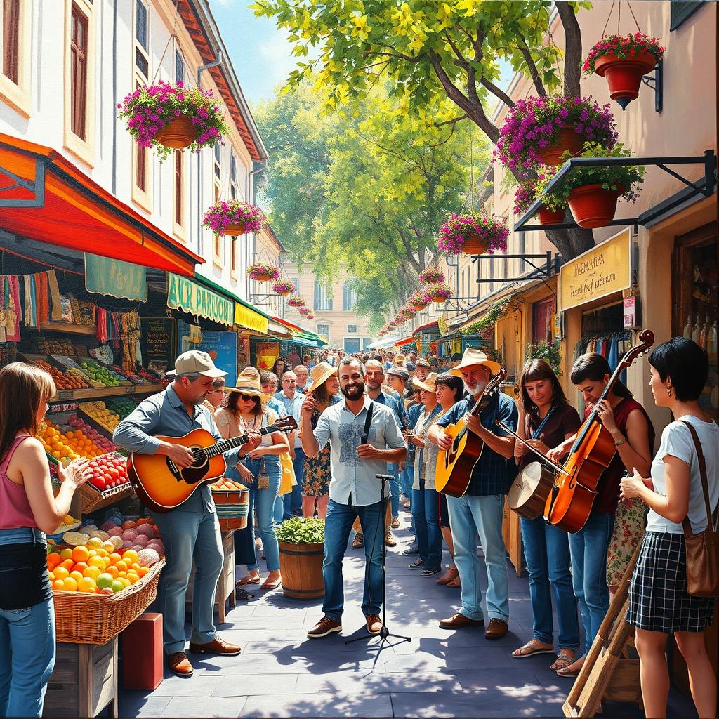 A vibrant street market scene bustling with energy, featuring musicians playing lively tunes