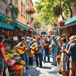 A vibrant street market scene bustling with energy, featuring musicians playing lively tunes