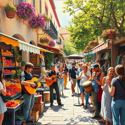 A vibrant street market scene bustling with energy, featuring musicians playing lively tunes