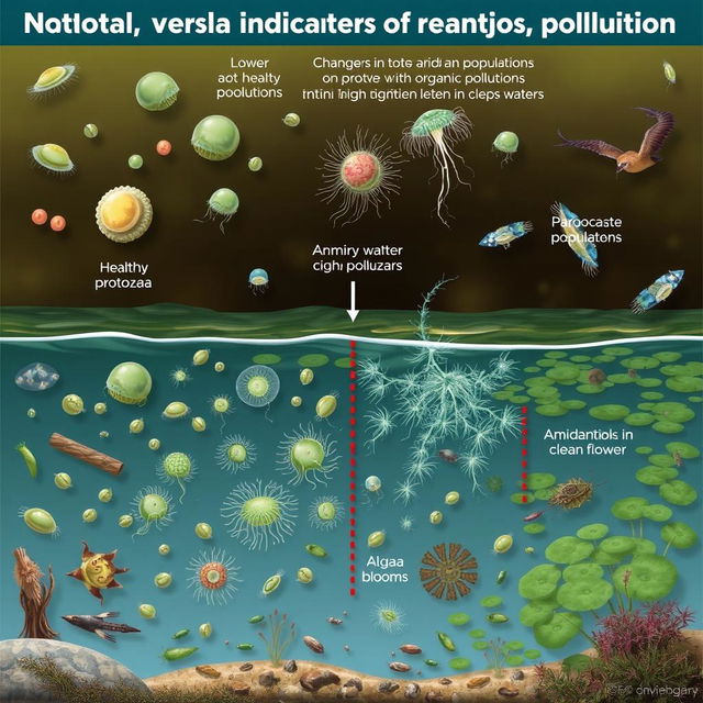 A detailed educational illustration depicting protozoa as indicators of organic pollution in aquatic environments