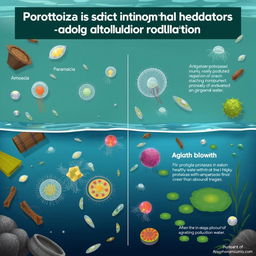 A detailed educational illustration depicting protozoa as indicators of organic pollution in aquatic environments