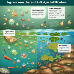 A detailed educational illustration depicting protozoa as indicators of organic pollution in aquatic environments