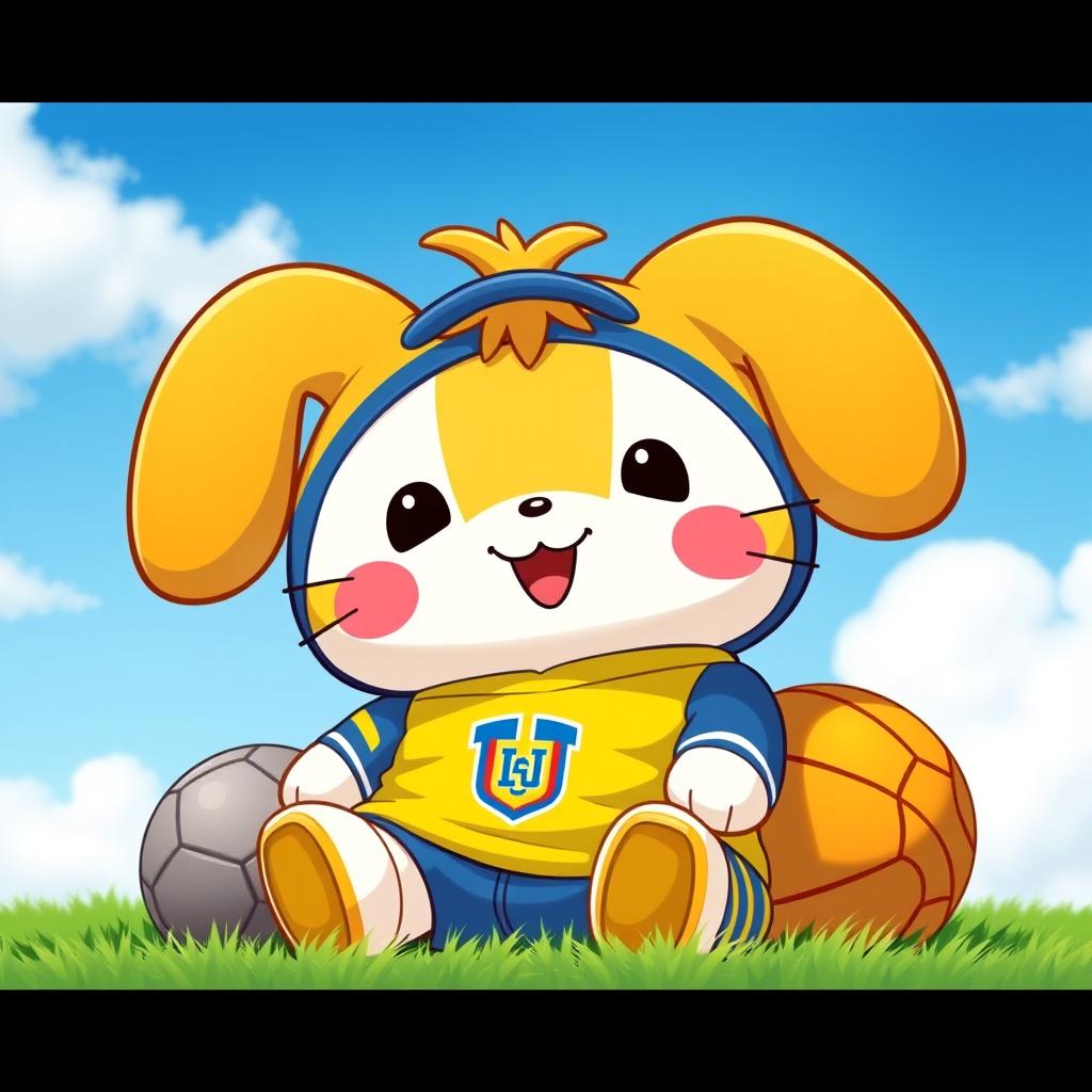 A cute and adorable Cinnamonroll character from Sanrio, dressed in the sports uniform of the Universidad de Ecuador sports league