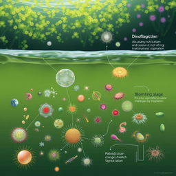 An informative and visually striking illustration depicting protozoa as indicators of eutrophication in aquatic ecosystems
