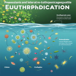An informative and visually striking illustration depicting protozoa as indicators of eutrophication in aquatic ecosystems