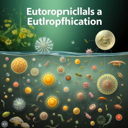An informative and visually striking illustration depicting protozoa as indicators of eutrophication in aquatic ecosystems