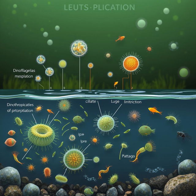 An informative and visually striking illustration depicting protozoa as indicators of eutrophication in aquatic ecosystems