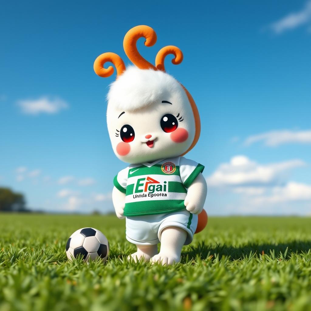 A cute cinnamonroll character inspired by Sanrio, dressed in the sports uniform of the Liga Deportiva Universitaria de Quito, Ecuador