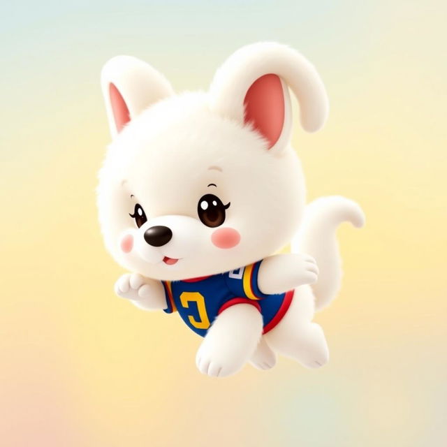 A cute, fluffy white puppy designed as Cinnamonroll from Sanrio, resembling a soft cloud