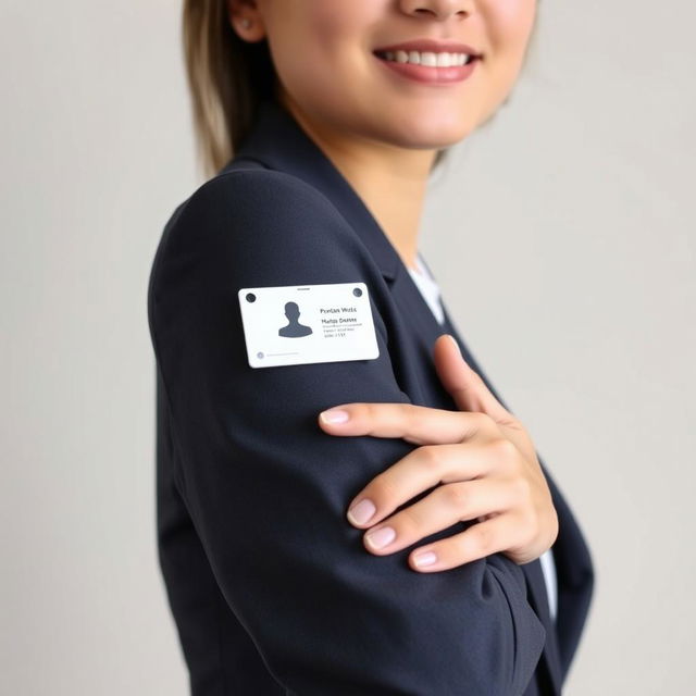 A formal portrait of a person with their arm positioned elegantly for an ID card