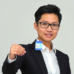 A formal portrait of a person with their arm positioned elegantly for an ID card