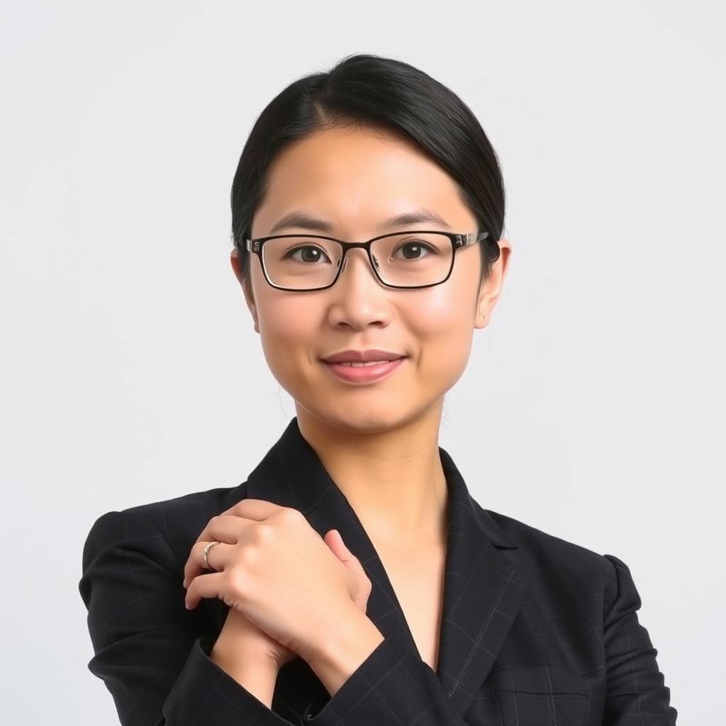 A formal portrait of a person with their arm positioned elegantly for an ID card