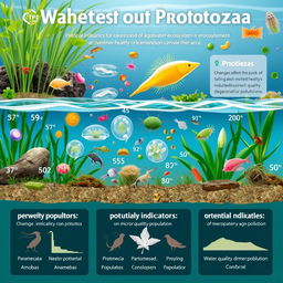 An informative illustration showcasing the diversity and abundance of protozoa in aquatic ecosystems, symbolizing their role as indicators of ecosystem stability