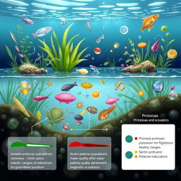An informative illustration showcasing the diversity and abundance of protozoa in aquatic ecosystems, symbolizing their role as indicators of ecosystem stability