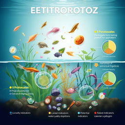 An informative illustration showcasing the diversity and abundance of protozoa in aquatic ecosystems, symbolizing their role as indicators of ecosystem stability