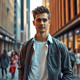 A stylish young man standing in a modern urban setting, wearing a crisp white inner shirt beneath a smart casual jacket