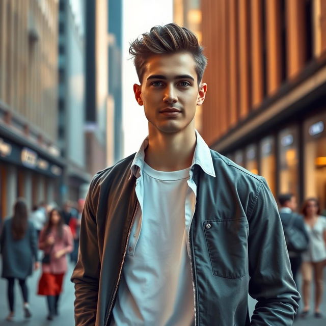 A stylish young man standing in a modern urban setting, wearing a crisp white inner shirt beneath a smart casual jacket