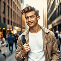 A stylish young man standing in a modern urban setting, wearing a crisp white inner shirt beneath a smart casual jacket