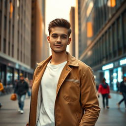 A stylish young man standing in a modern urban setting, wearing a crisp white inner shirt beneath a smart casual jacket