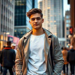 A stylish young man standing in a modern urban setting, wearing a crisp white inner shirt beneath a smart casual jacket