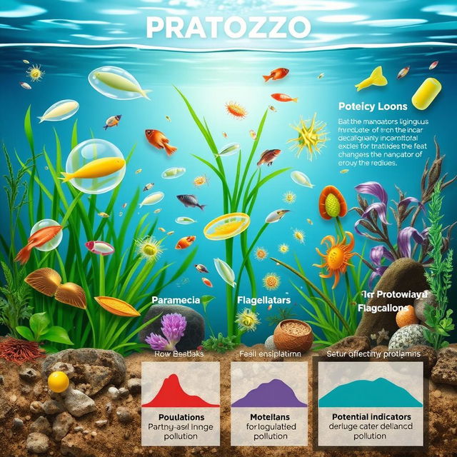 An informative illustration showcasing the diversity and abundance of protozoa in aquatic ecosystems, symbolizing their role as indicators of ecosystem stability