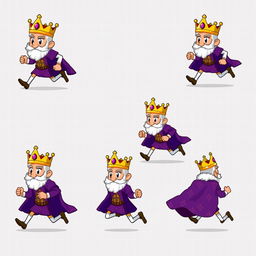 A sprite sheet for a 2D game featuring a pixel art animation of a king character running
