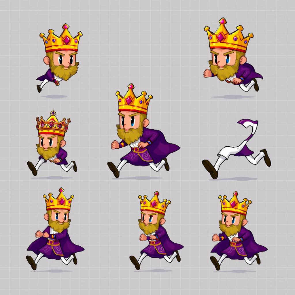 A sprite sheet for a 2D game featuring a pixel art animation of a king character running