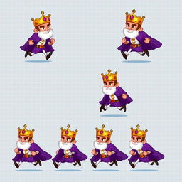 A sprite sheet for a 2D game featuring a pixel art animation of a king character running