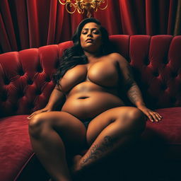 A curvaceous, voluptuous woman with big hips and a fit body shape, showcasing her dark brown skin, typical of Mexican heritage