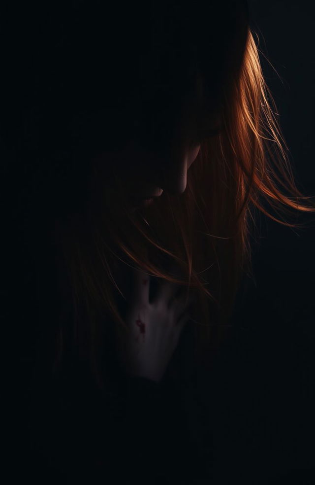 A hauntingly beautiful scene featuring a red-haired woman looking down, her hair cascading over her face, partially obscuring it