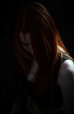 A hauntingly beautiful scene featuring a red-haired woman looking down, her hair cascading over her face, partially obscuring it