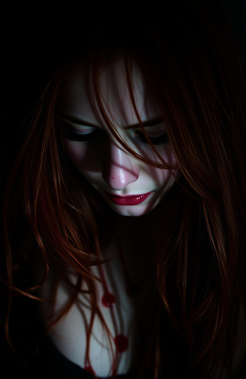 A hauntingly beautiful scene featuring a red-haired woman looking down, her hair cascading over her face, partially obscuring it