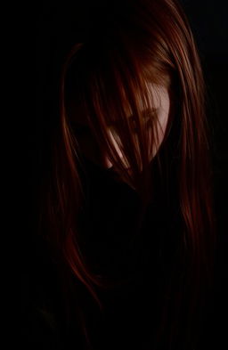 A hauntingly beautiful scene featuring a red-haired woman looking down, her hair cascading over her face, partially obscuring it
