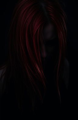 A striking image of a red-haired woman looking down, her vibrant hair cascading over her face, partially obscuring her features