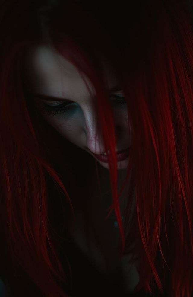 A striking image of a red-haired woman looking down, her vibrant hair cascading over her face, partially obscuring her features