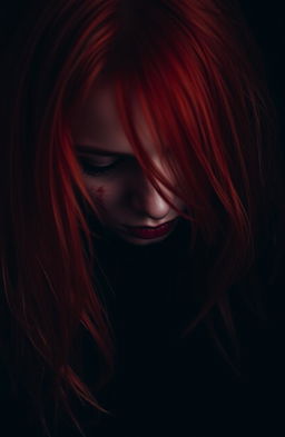 A striking image of a red-haired woman looking down, her vibrant hair cascading over her face, partially obscuring her features