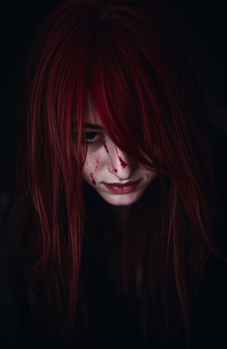 A striking image of a red-haired woman looking down, her vibrant hair cascading over her face, partially obscuring her features
