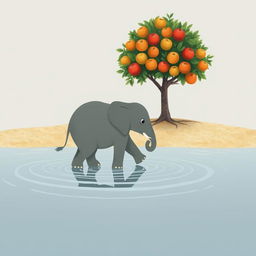 A gray baby elephant is walking through the river water, creating gentle ripples around its feet