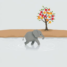 A gray baby elephant is walking through the river water, creating gentle ripples around its feet