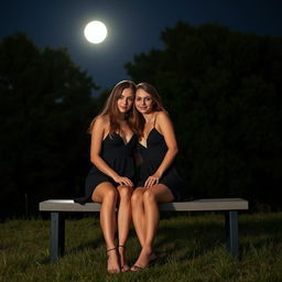 Two sexy, pretty, beautiful 18-year-old girlfriends sitting closely on a bench at the top of a grassy, tree-lined hill