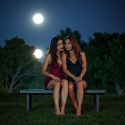 Two sexy, pretty, beautiful 18-year-old girlfriends sitting closely on a bench at the top of a grassy, tree-lined hill