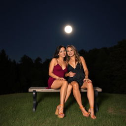 Two sexy, pretty, beautiful 18-year-old girlfriends sitting closely on a bench at the top of a grassy, tree-lined hill