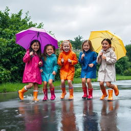 A group of friends joyfully playing in the rain, splashing in puddles and laughing together