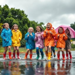 A group of friends joyfully playing in the rain, splashing in puddles and laughing together