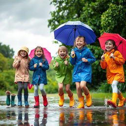 A group of friends joyfully playing in the rain, splashing in puddles and laughing together
