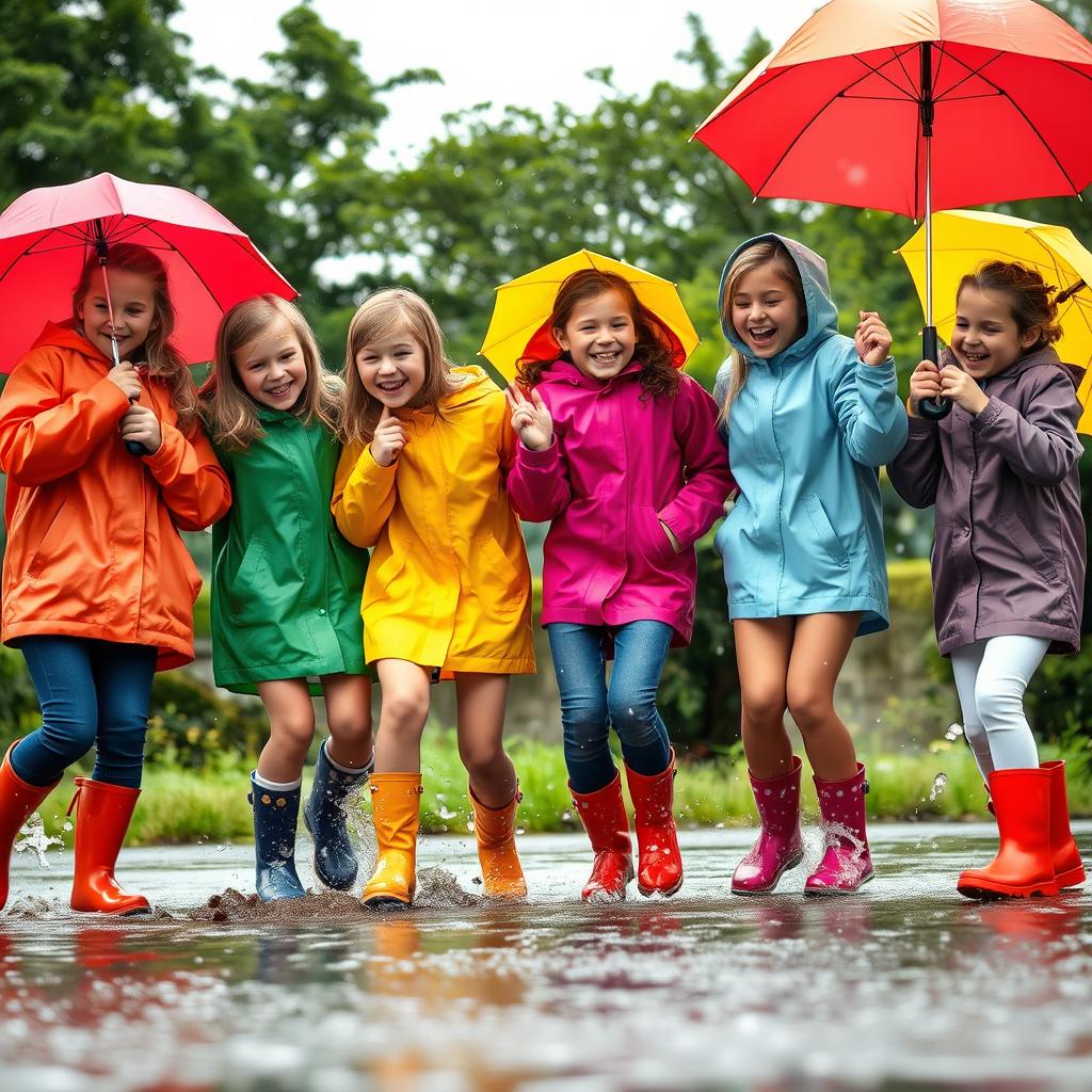 A group of friends joyfully playing in the rain, splashing in puddles and laughing together