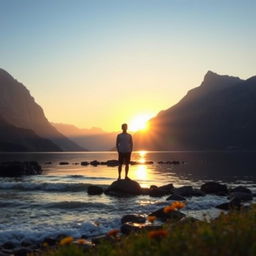 A serene landscape featuring a tranquil lake surrounded by majestic mountains, the sun setting in the background casting a warm golden glow over the scene