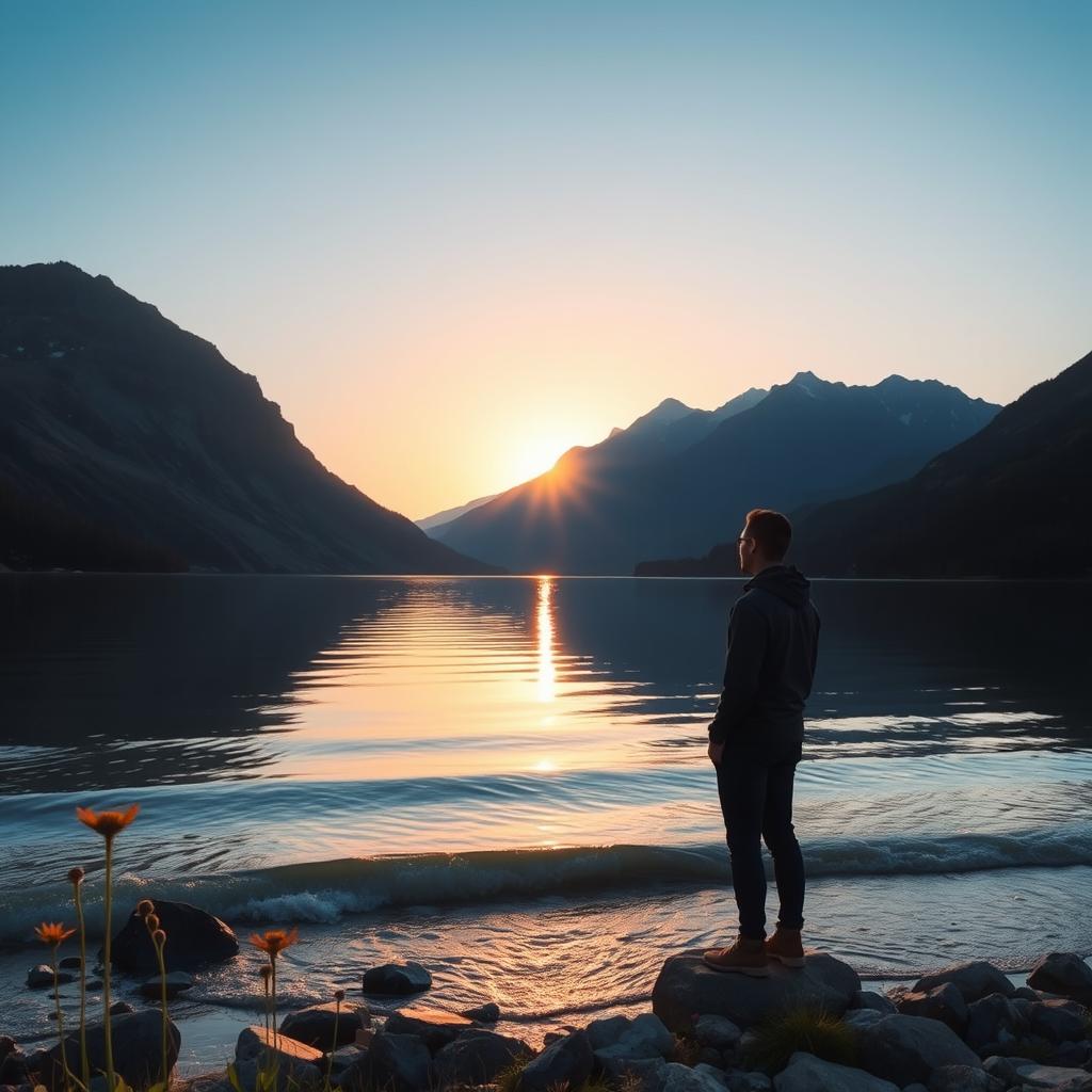 A serene landscape featuring a tranquil lake surrounded by majestic mountains, the sun setting in the background casting a warm golden glow over the scene