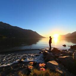 A serene landscape featuring a tranquil lake surrounded by majestic mountains, the sun setting in the background casting a warm golden glow over the scene