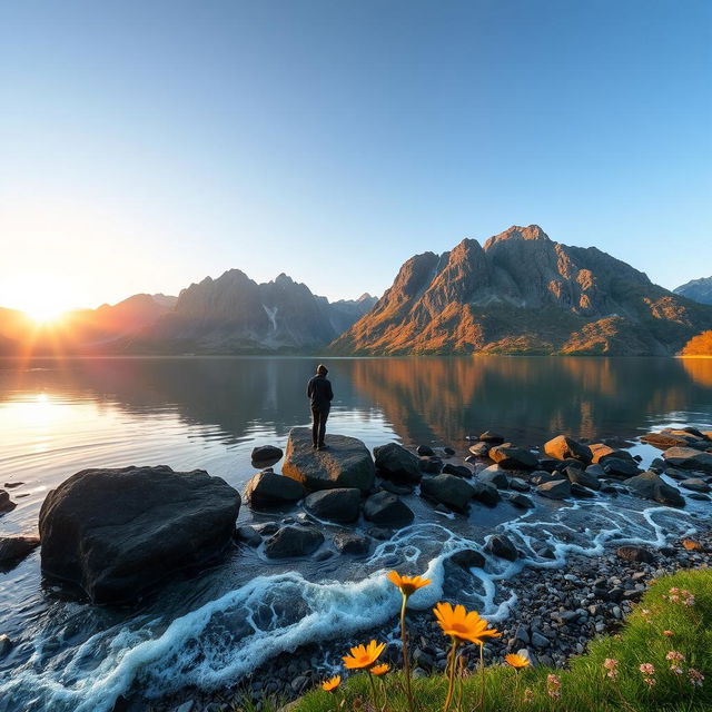 A serene landscape featuring a tranquil lake surrounded by majestic mountains, the sun setting in the background casting a warm golden glow over the scene